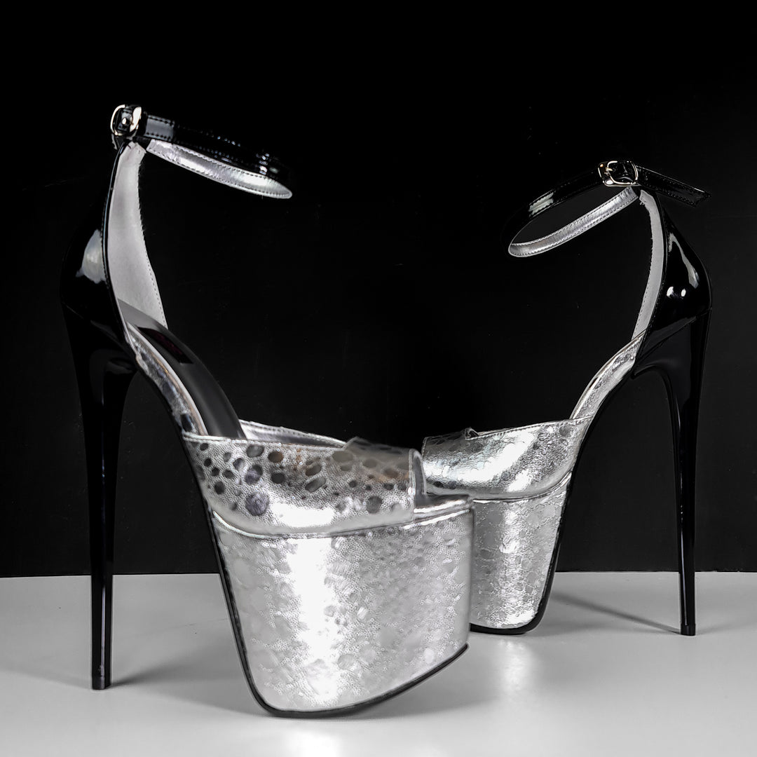 Square Side Cut Silver Black High Heels