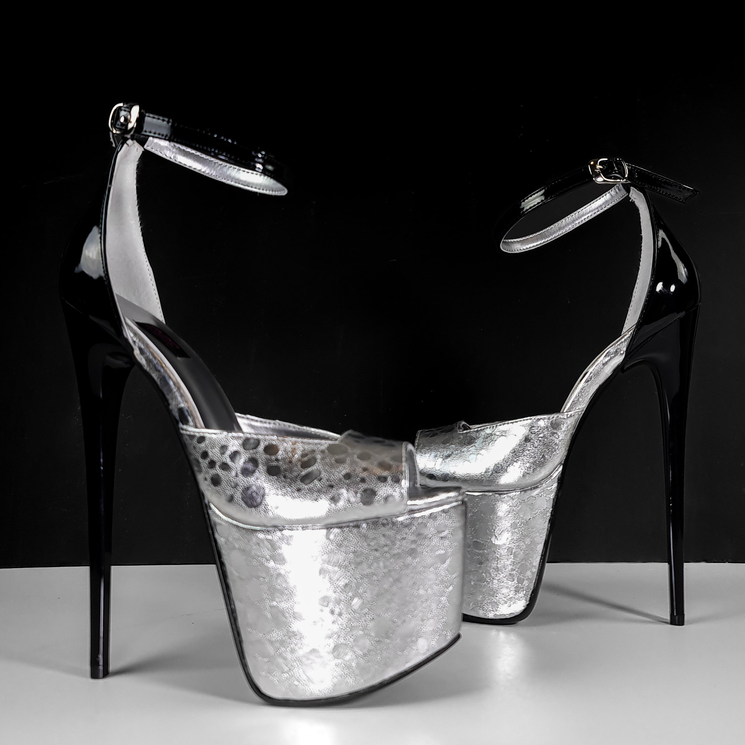 Square Side Cut Silver Black High Heels
