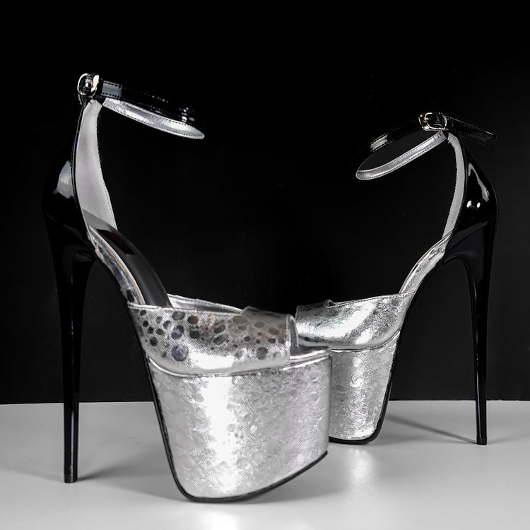 Square Side Cut Silver Black High Heels