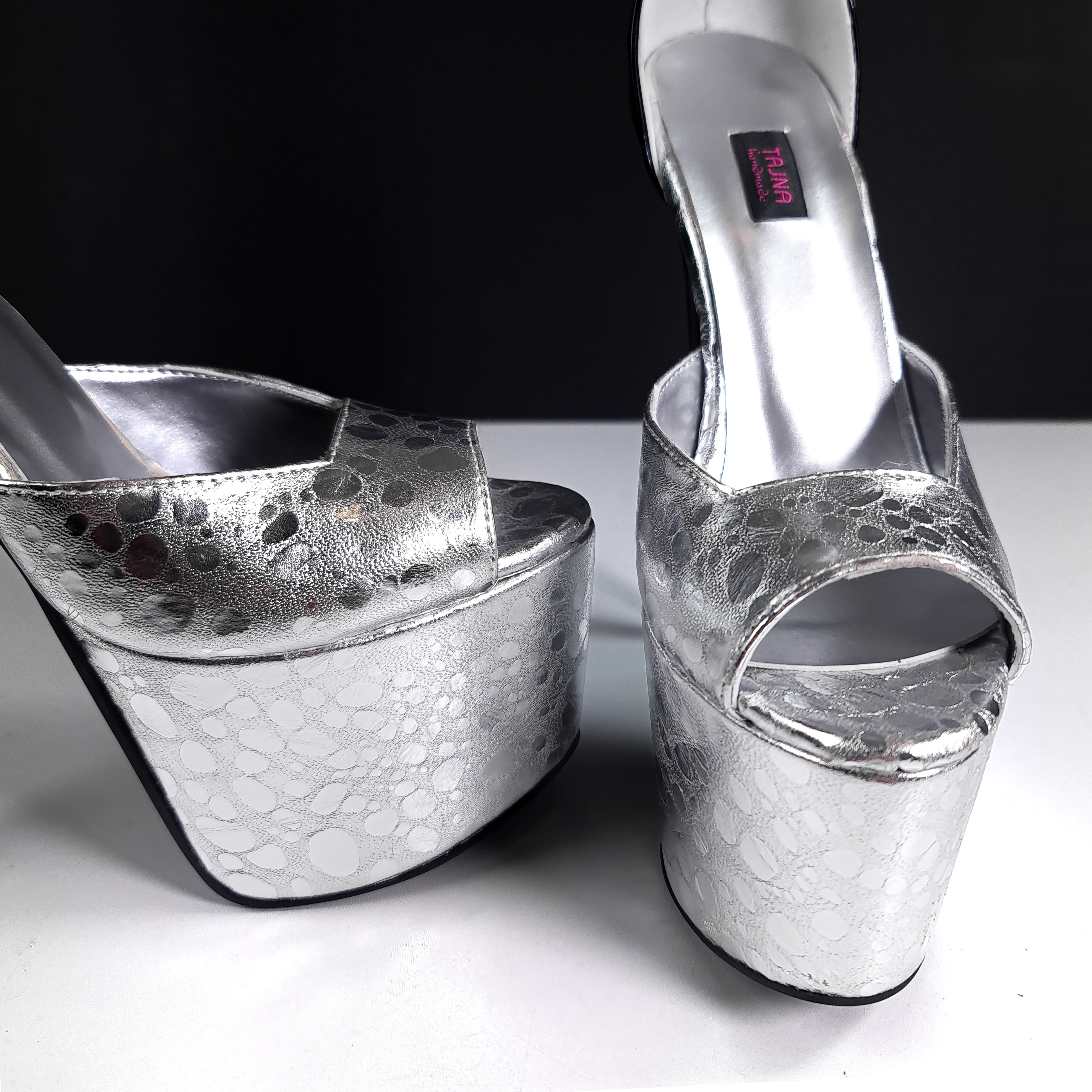 Square Side Cut Silver Black High Heels