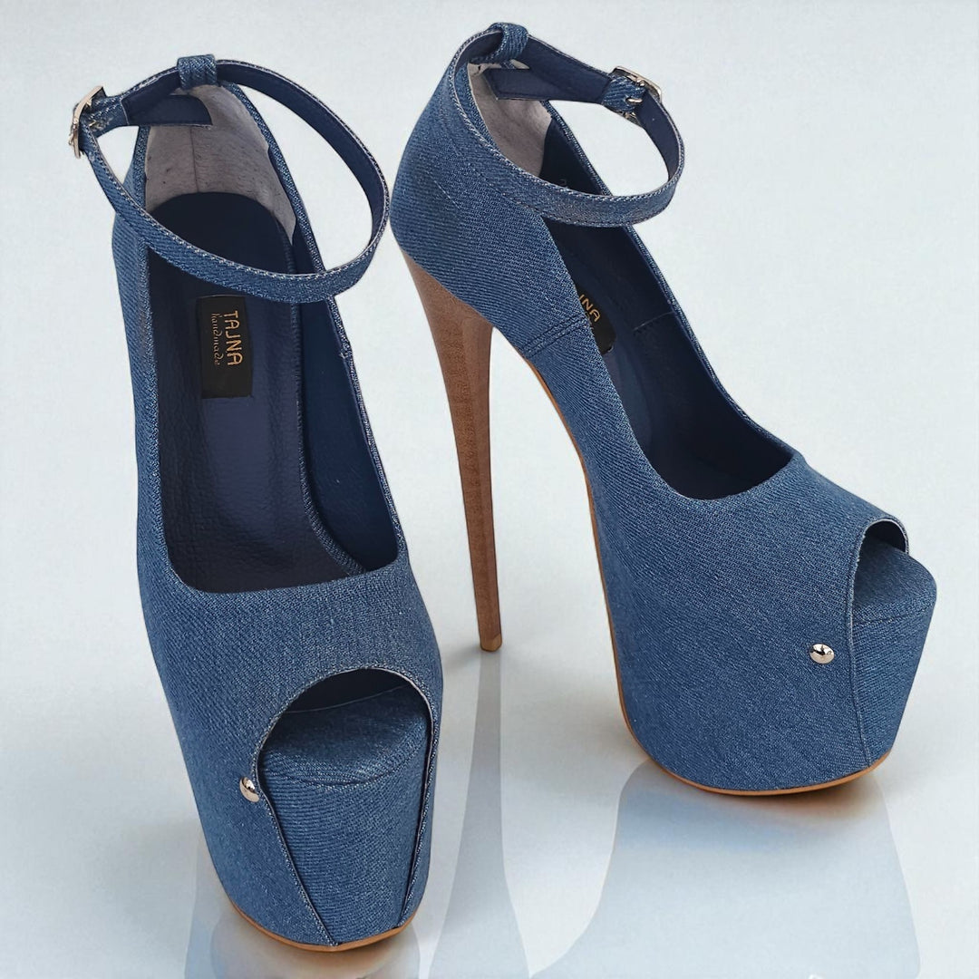 Blue denim high-heeled shoes on a white background