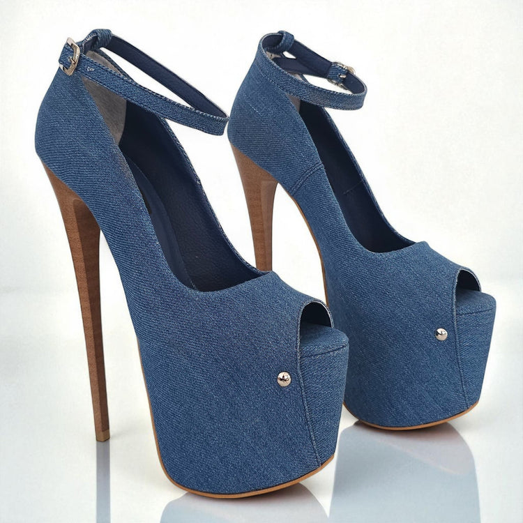 Blue high-heeled shoes with open toes on a white background