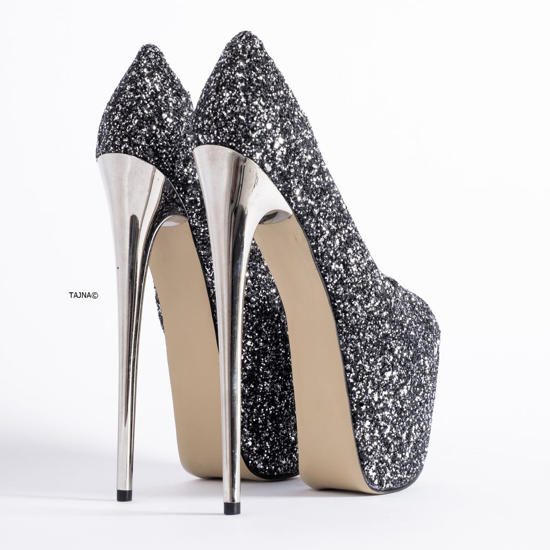 Silver Glitter Peep Toe Metallic High Heel Pumps