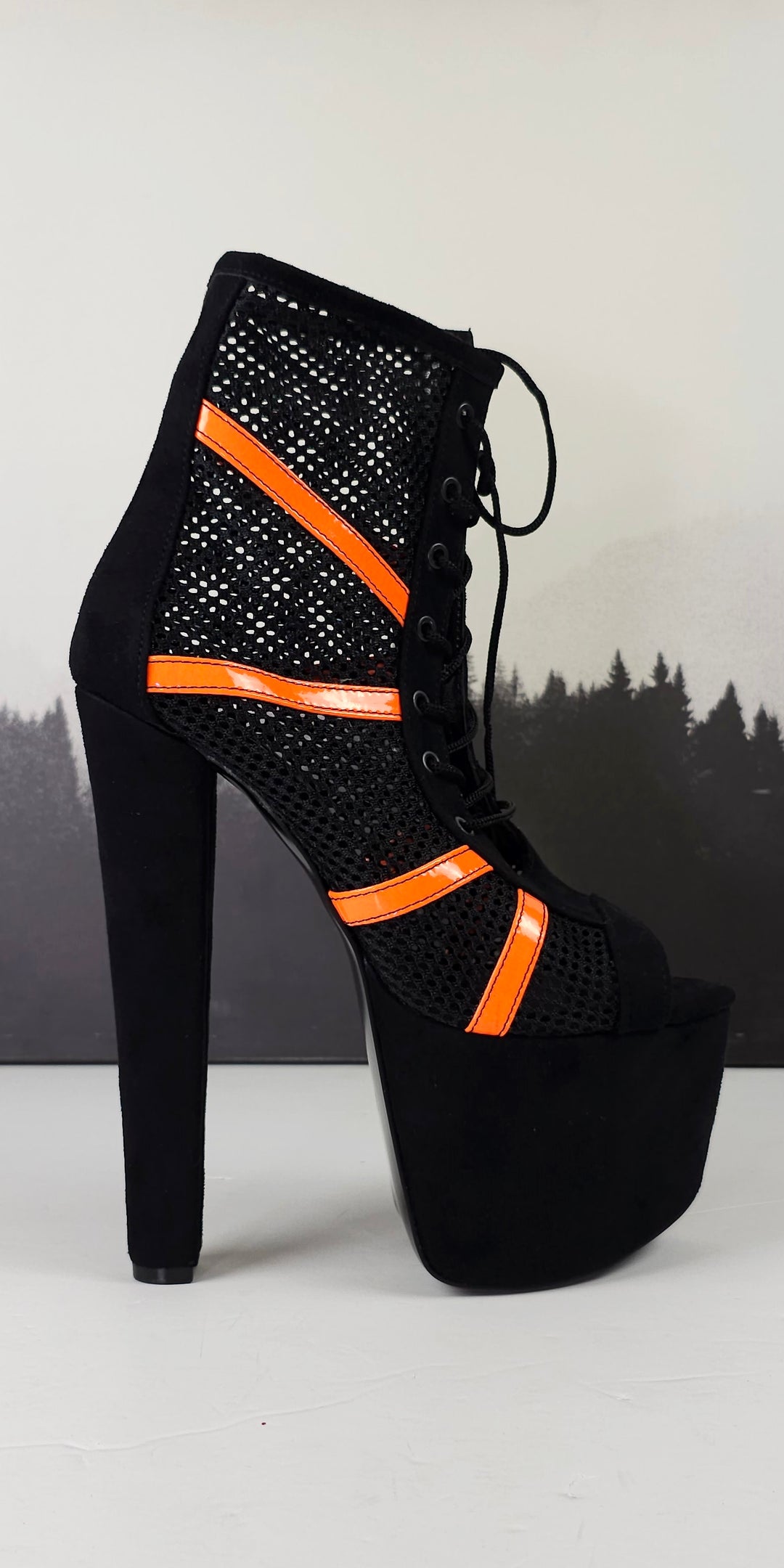 Black Orange Fishnet Platform High Heel Booties