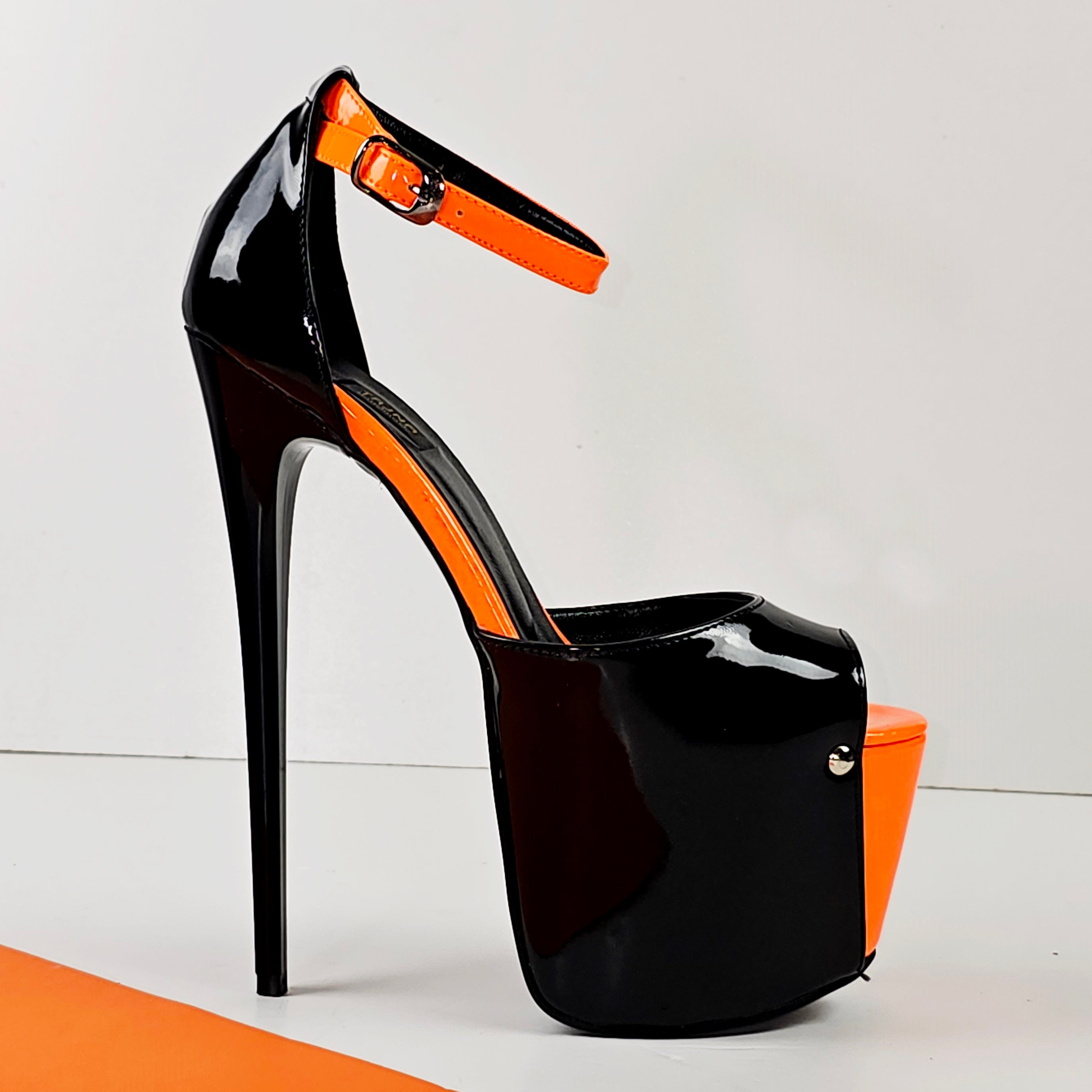 Black Gloss Orange Detail Ankle Strap High Heels