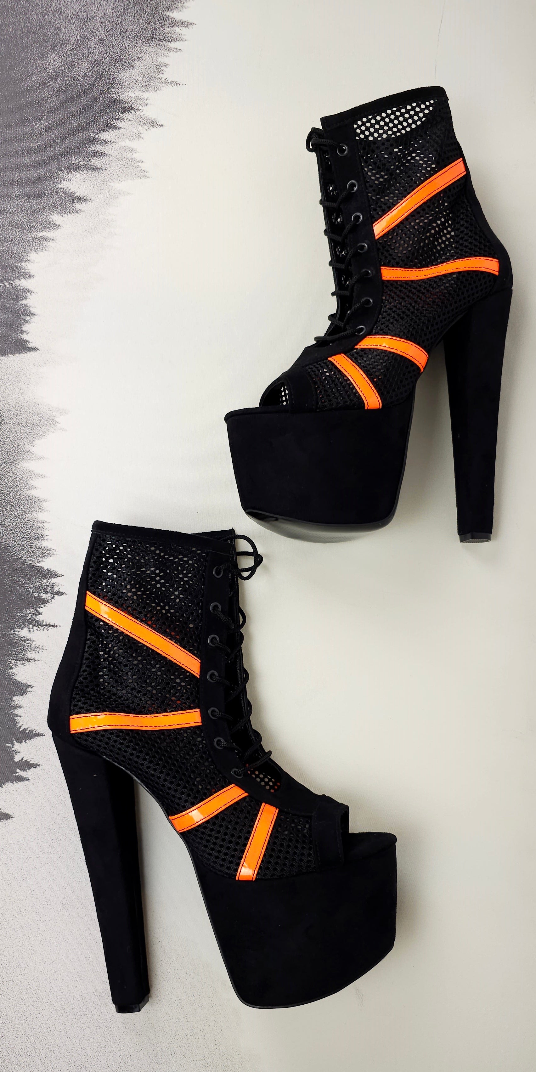 Black Orange Fishnet Platform High Heel Booties