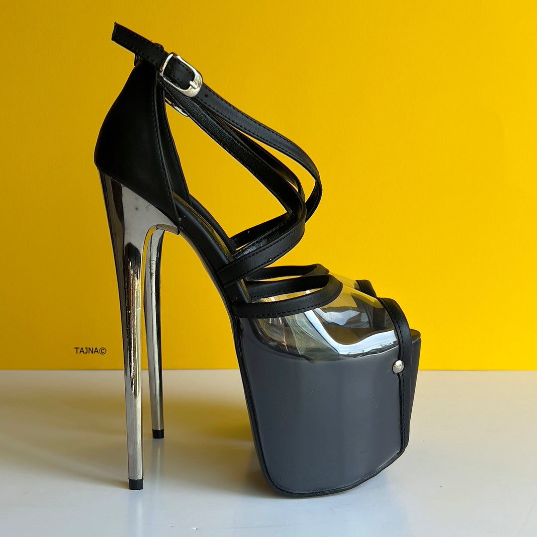 Transparent and Black Matte Ankle Strap Metallic Heels