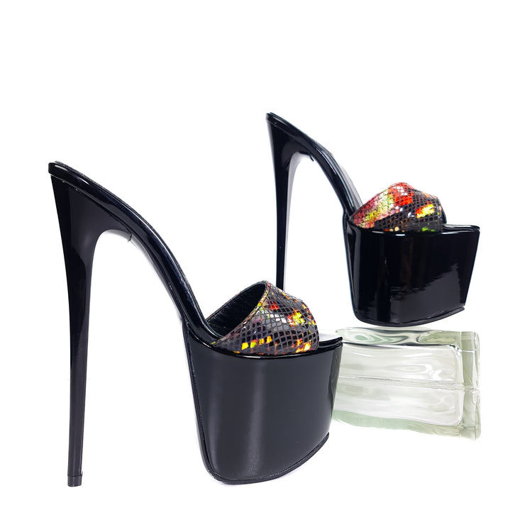 Fire Black Gloss Exotic Genuine Leather High Heel Mules