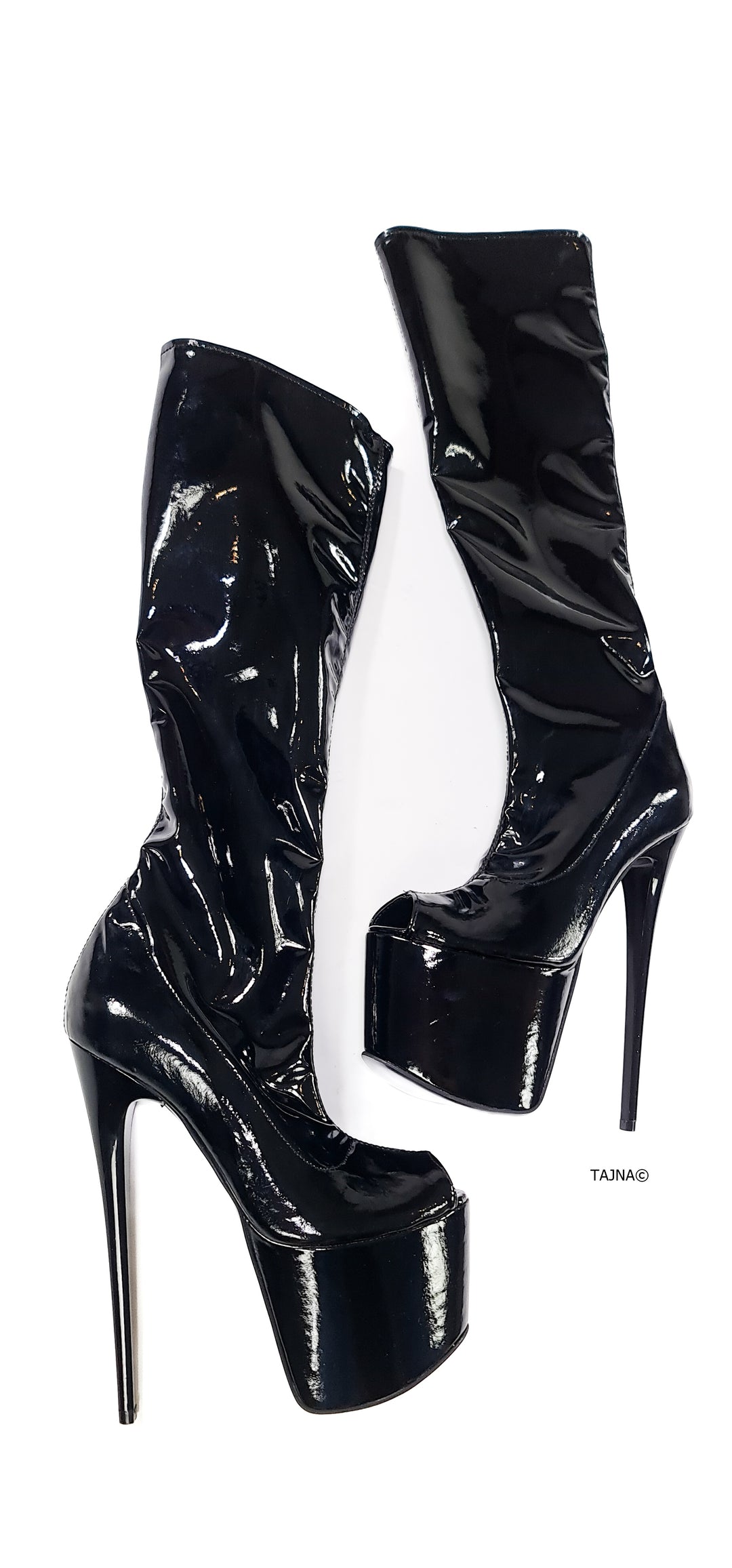 Mid Calf Black Gloss Peep Toe High Heel Boots Tajna club Shoes