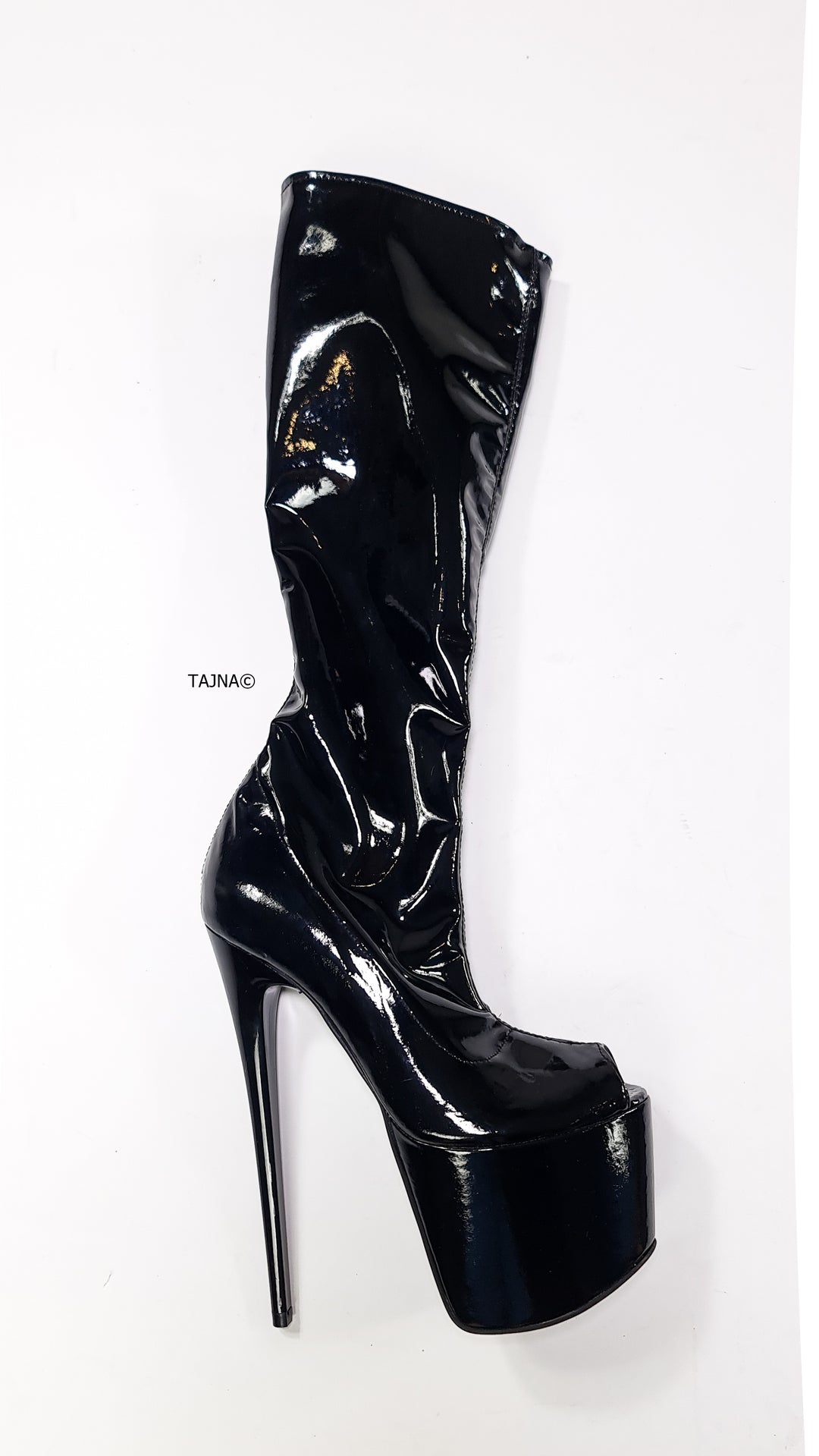 Mid Calf Black Gloss Peep Toe High Heel Boots Tajna club Shoes