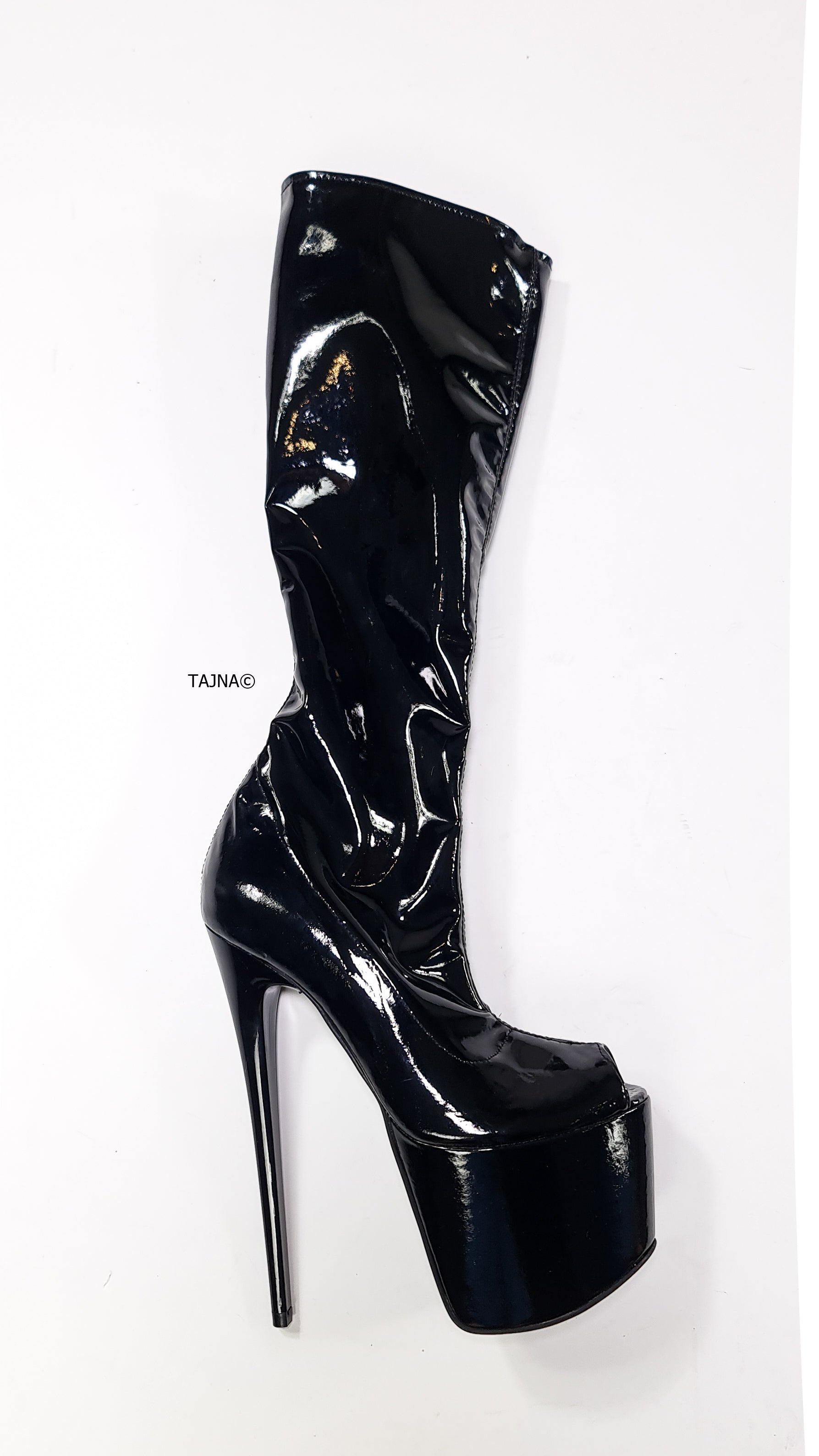 Mid Calf Black Gloss Peep Toe High Heel Boots Tajna club Shoes