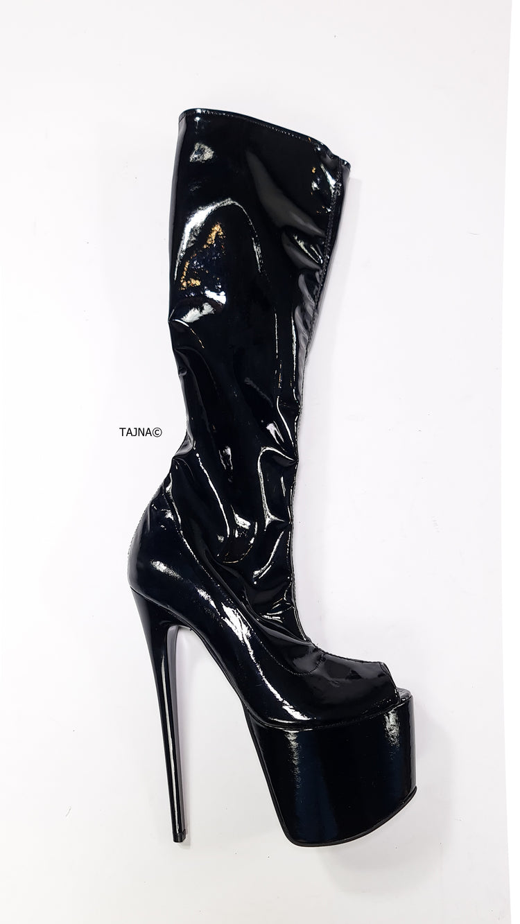 Mid Calf Black Gloss Peep Toe High Heel Boots Tajna club Shoes