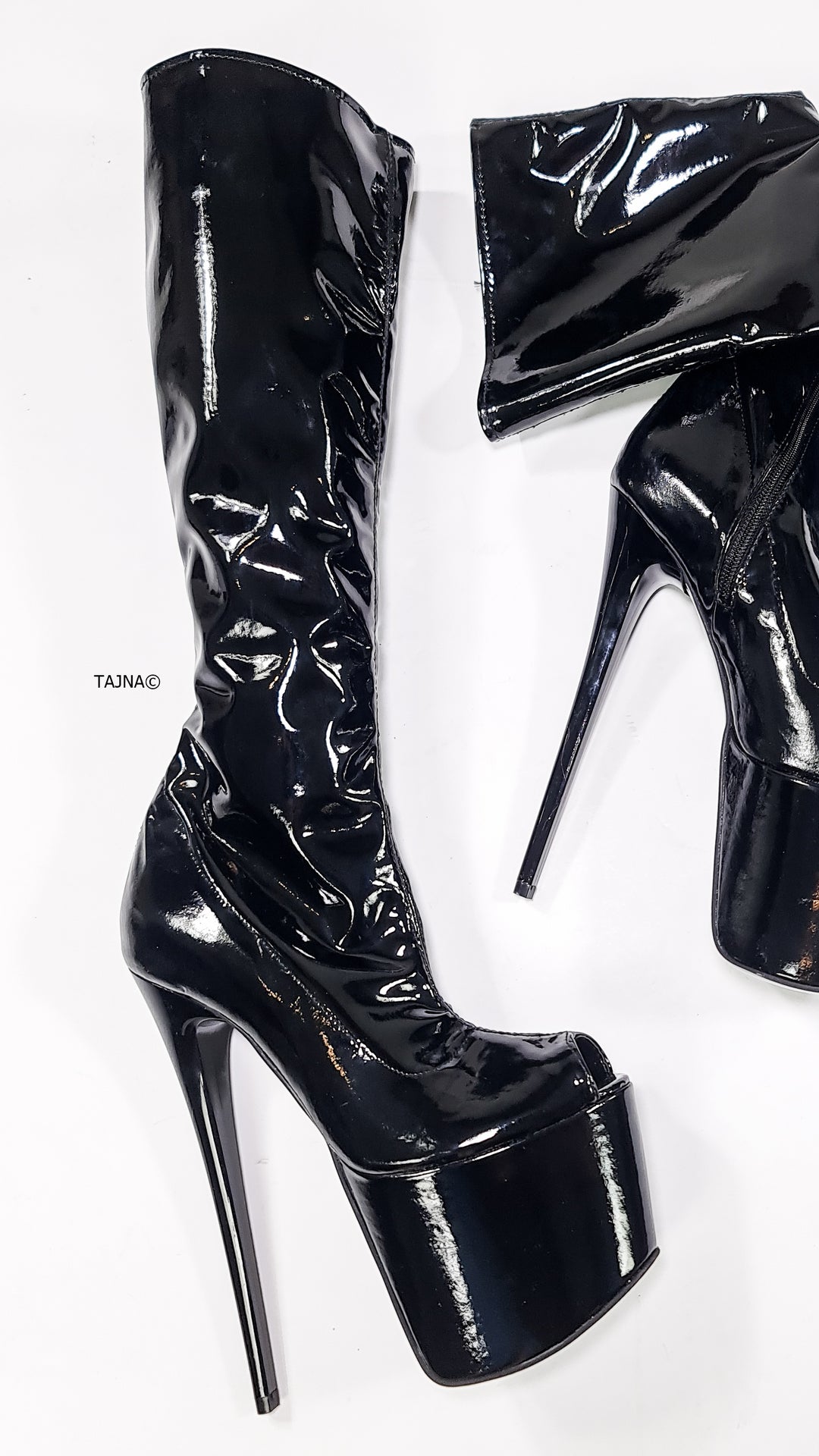 Mid Calf Black Gloss Peep Toe High Heel Boots Tajna club Shoes