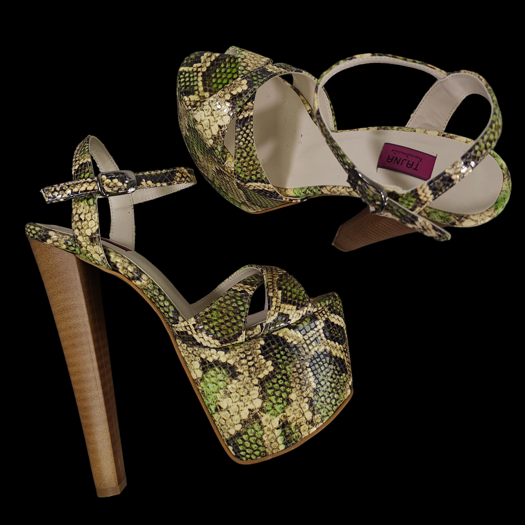 Green Snake Print Exotic Leather High Heel Sandals