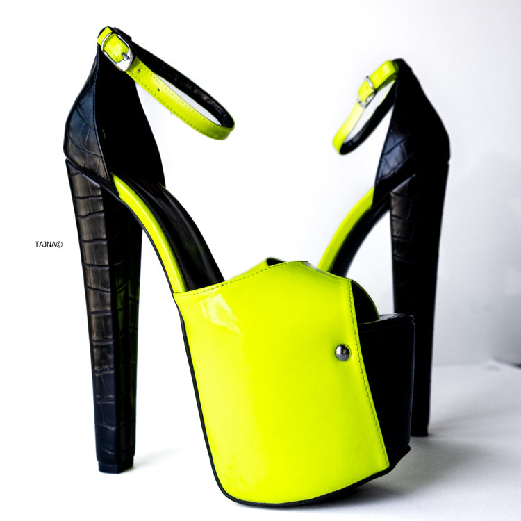 Yellow Neon Black Croco Detail Chunky High Heels