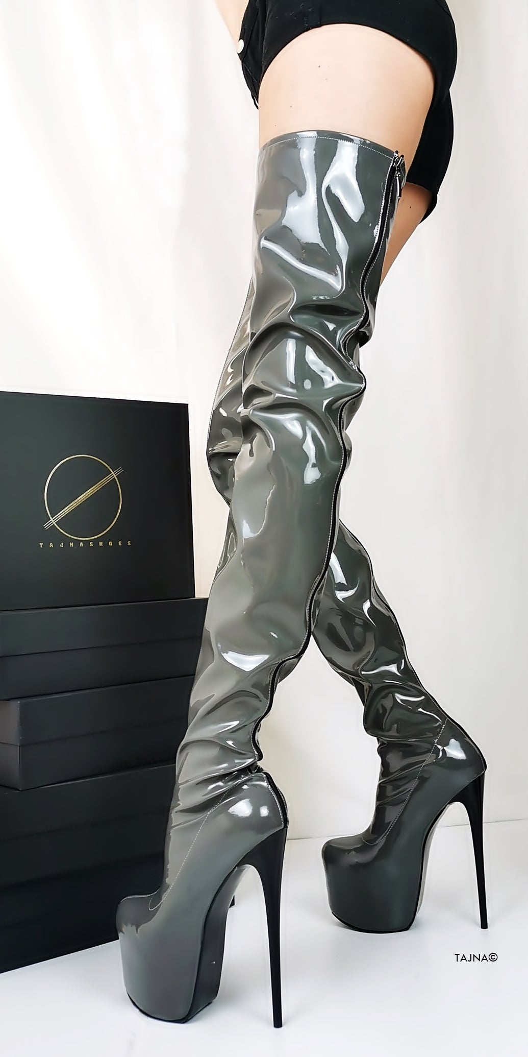 Gray Gloss Back Zipper Thigh High Boots - Tajna Club