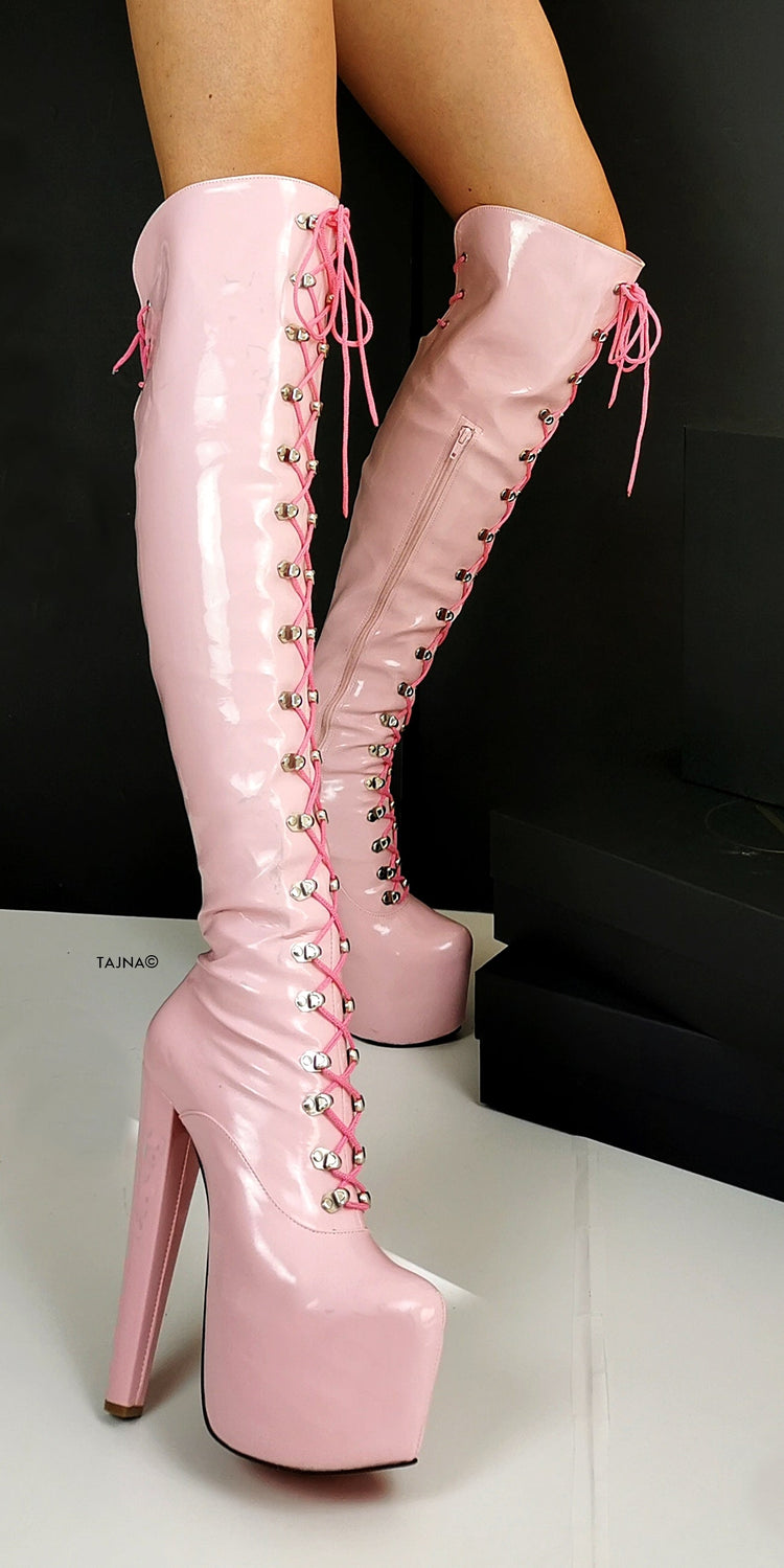 Light Pink Patent Military Style Lace Up Boots - Tajna Club