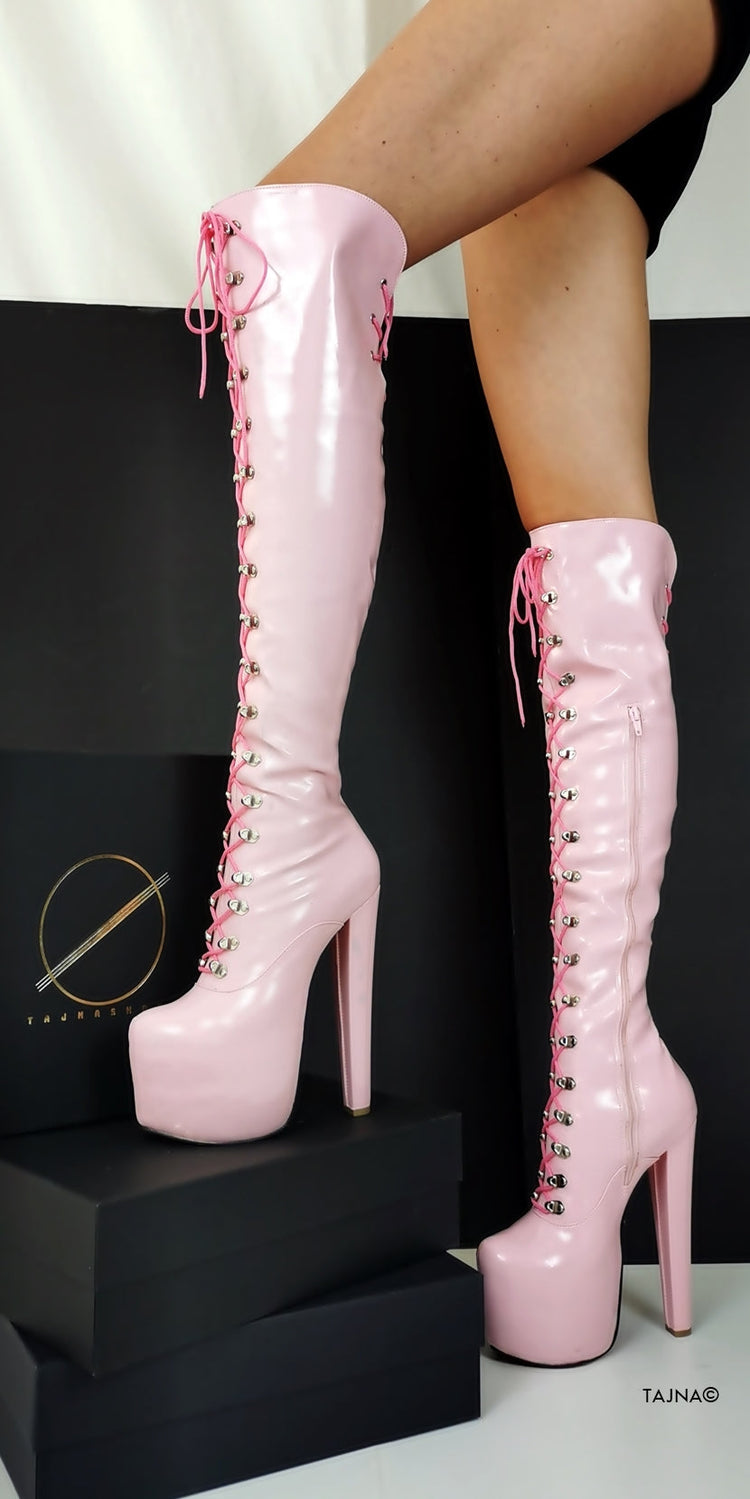 Light Pink Patent Military Style Lace Up Boots - Tajna Club