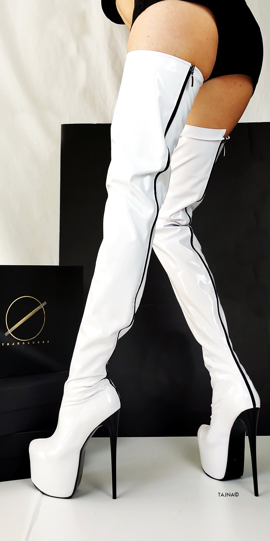 Back Zipper White Gloss Thigh High Boots - Tajna Club