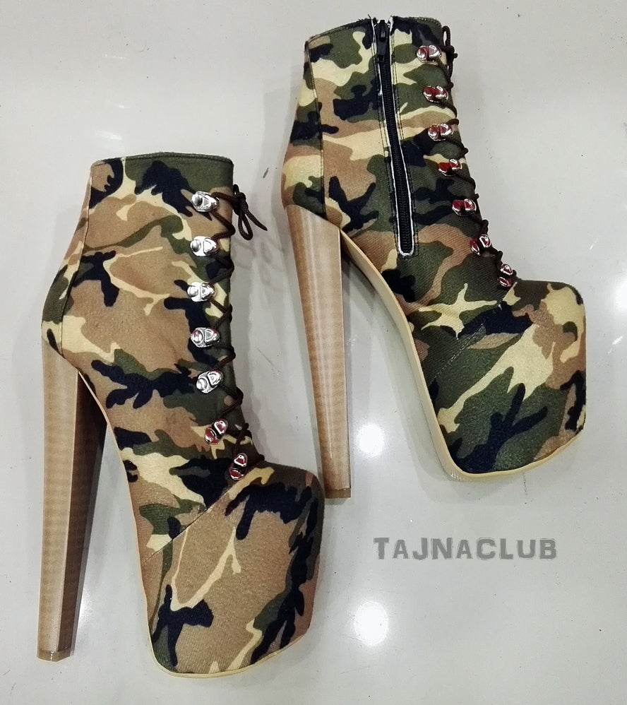 Camouflage Ankle High Heel Lace-Up Booties - Tajna Club