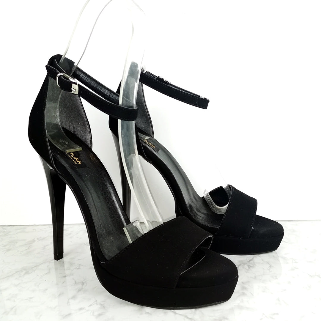 Black Suede 5.11 inches Heel Sandals - Tajna Shoes