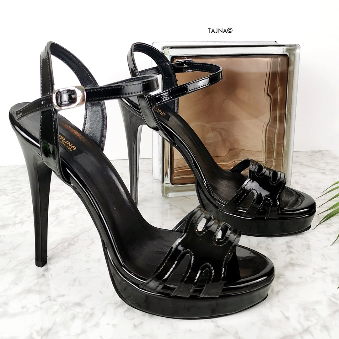 5.11 inches Black Gloss Lazer Heel Sandals - Tajna Shoes