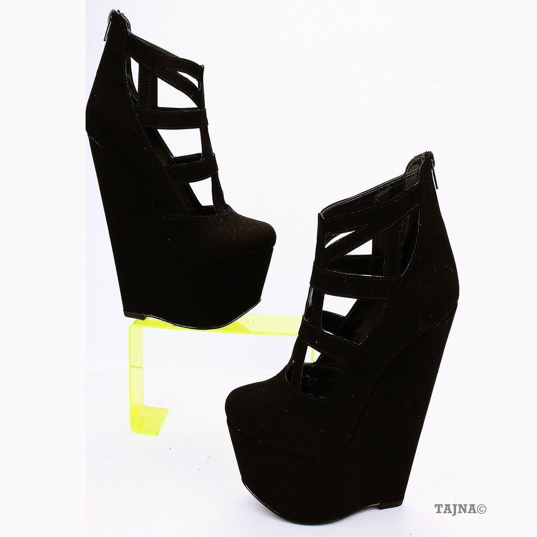Black Cage Ankle 17 cm Heel Wedge Booties - Tajna Club