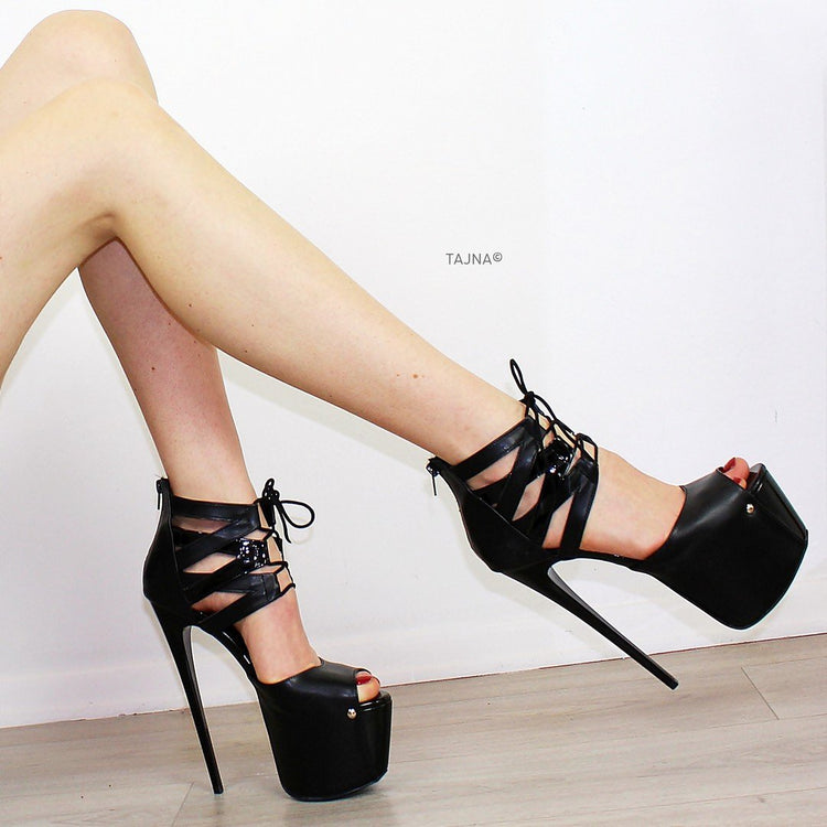 Ankle Lace Black Lazer Platform Shoes - Tajna Club