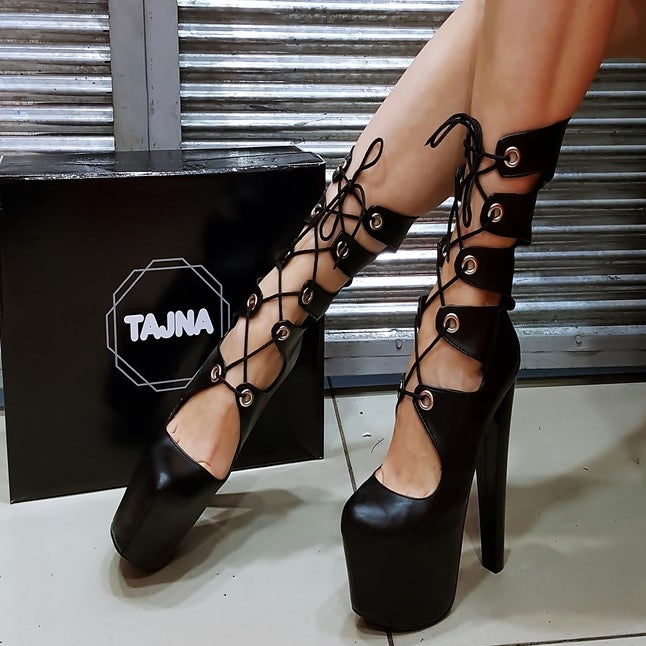 Black Gladiator High Platform Heel Boots - Tajna Club