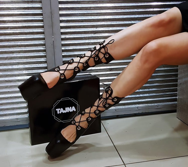 Black Gladiator High Platform Heel Boots - Tajna Club