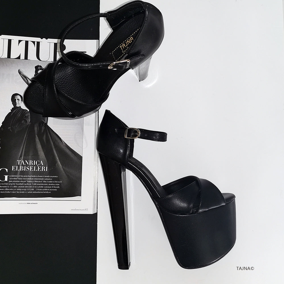 Black Cross Ankle Strap High Heels - Tajna Club
