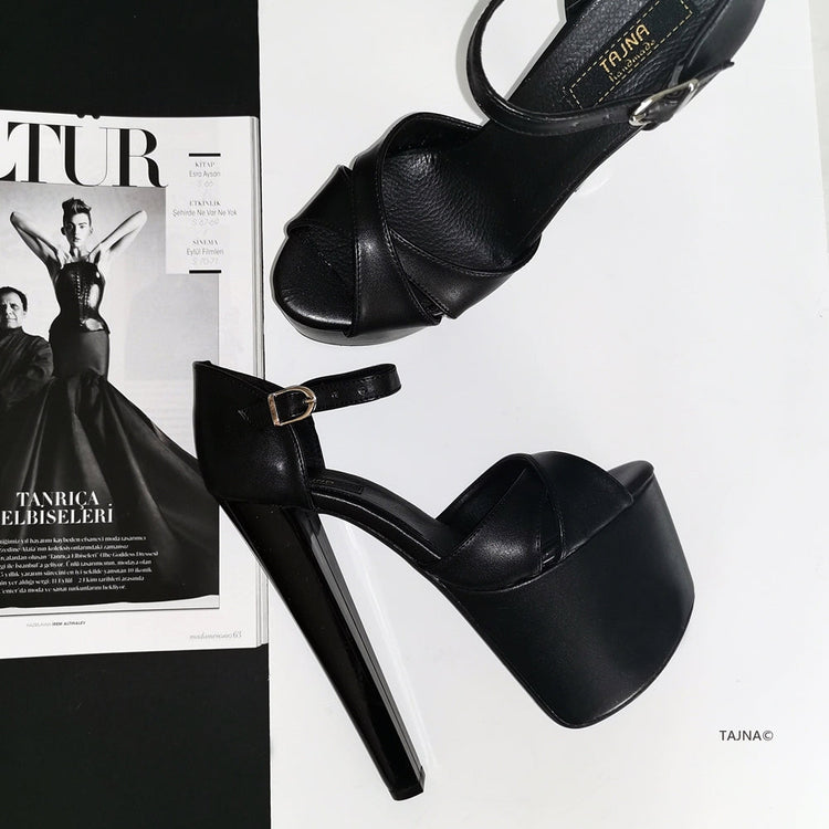 Black Cross Ankle Strap High Heels - Tajna Club