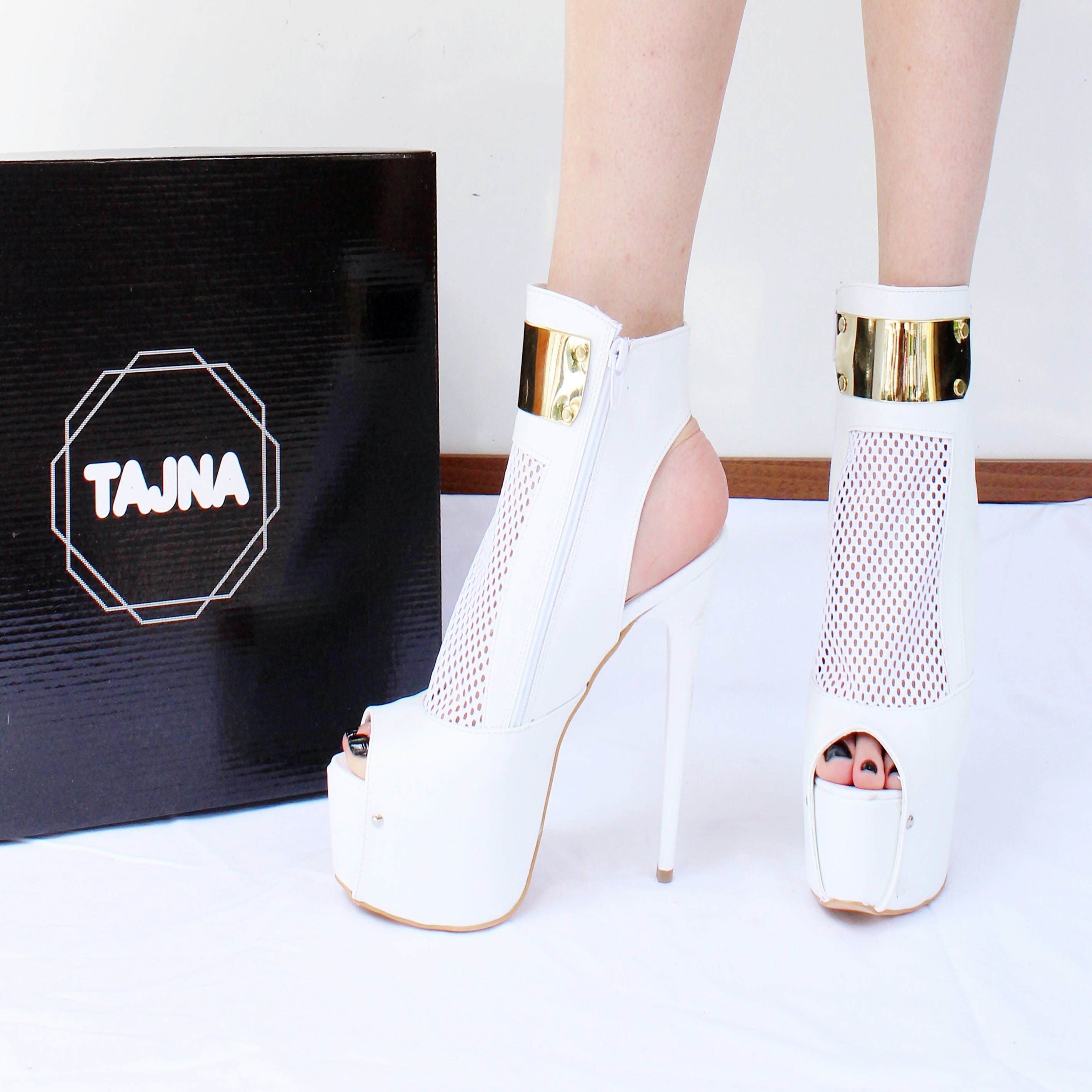 Fishnet White Gold Ankle Peep Toe Platform Shoes - Tajna Club
