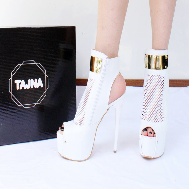 Fishnet White Gold Ankle Peep Toe Platform Shoes - Tajna Club