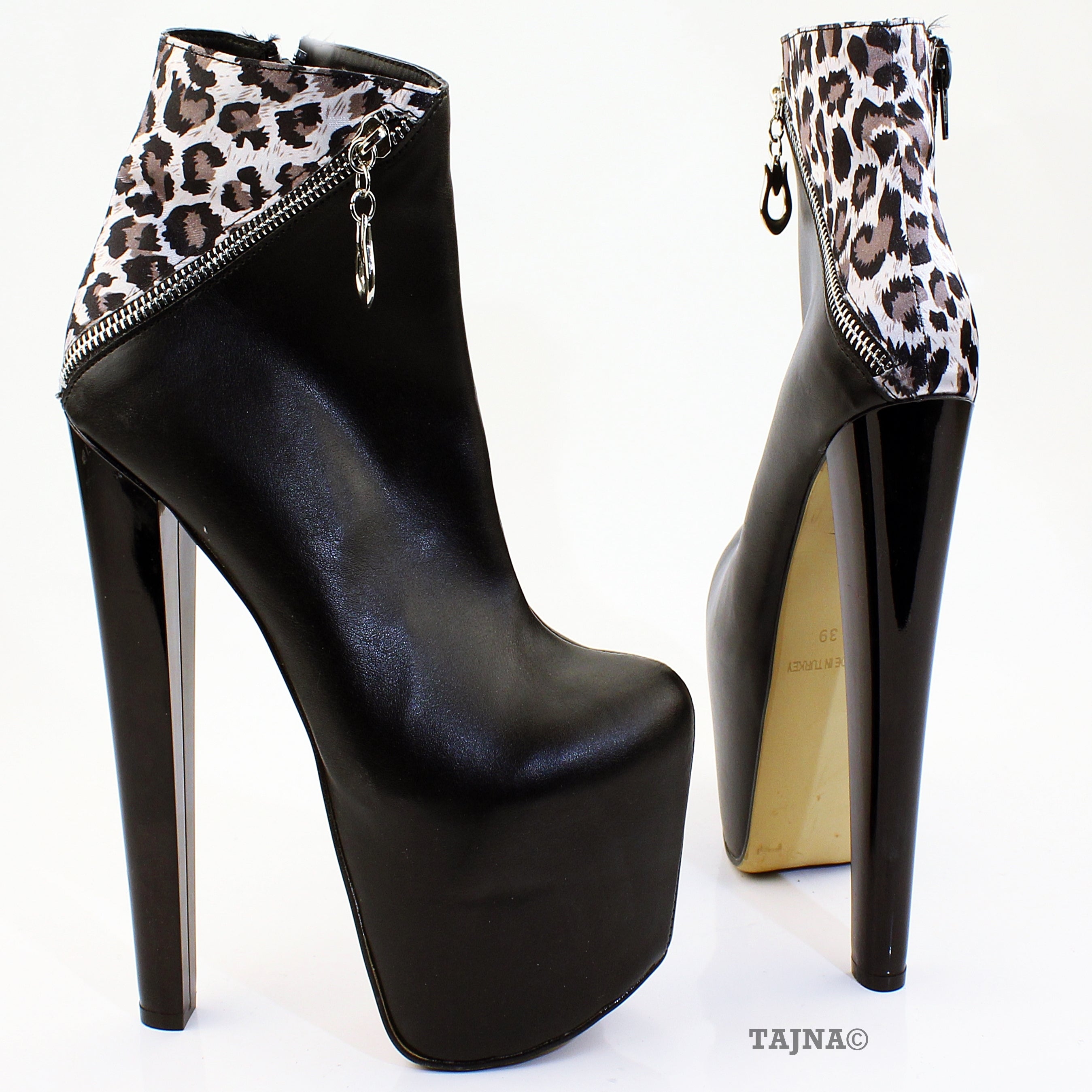 Black Leopard Zipper Detail Platform Boots - Tajna Club