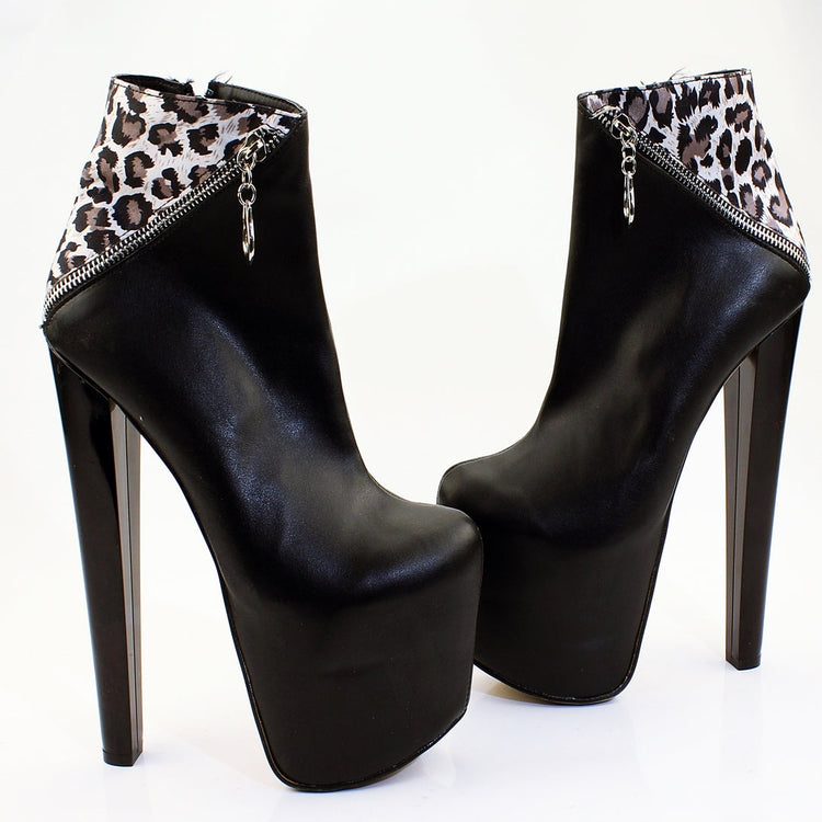 Black Leopard Zipper Detail Platform Boots - Tajna Club