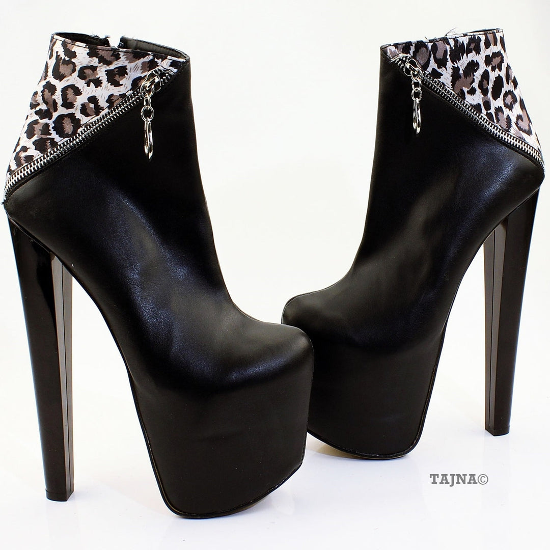 Black Leopard Zipper Detail Platform Boots - Tajna Club