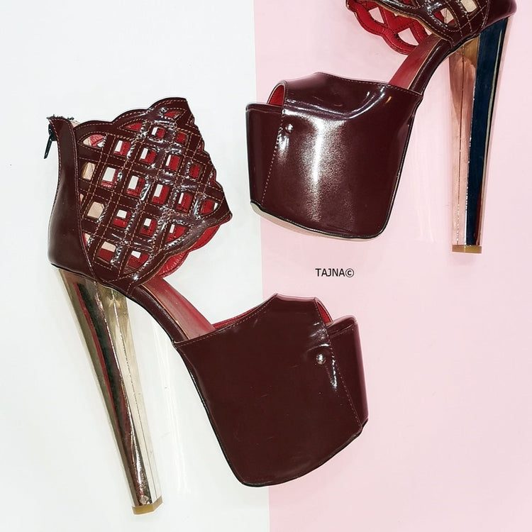 Bordeaux Patent Lazer Ankle Platforms - Tajna Club