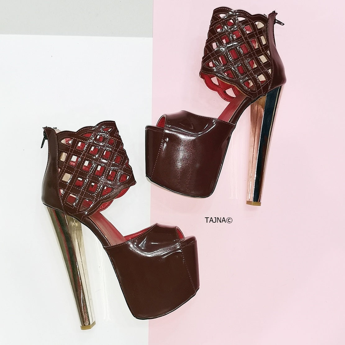 Bordeaux Patent Lazer Ankle Platforms - Tajna Club