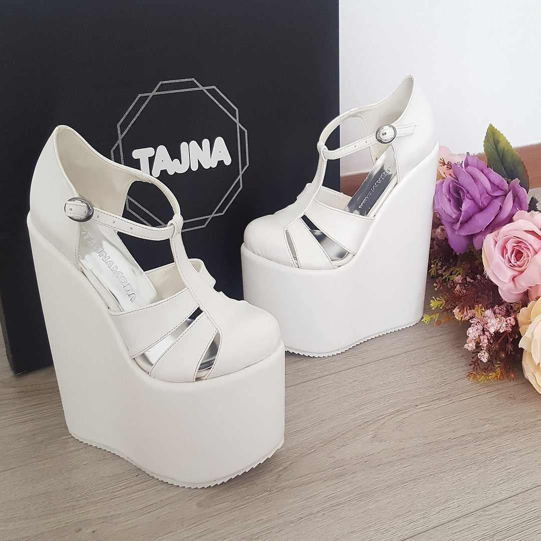 T Strap White Wedge Platform Shoes - Tajna Club