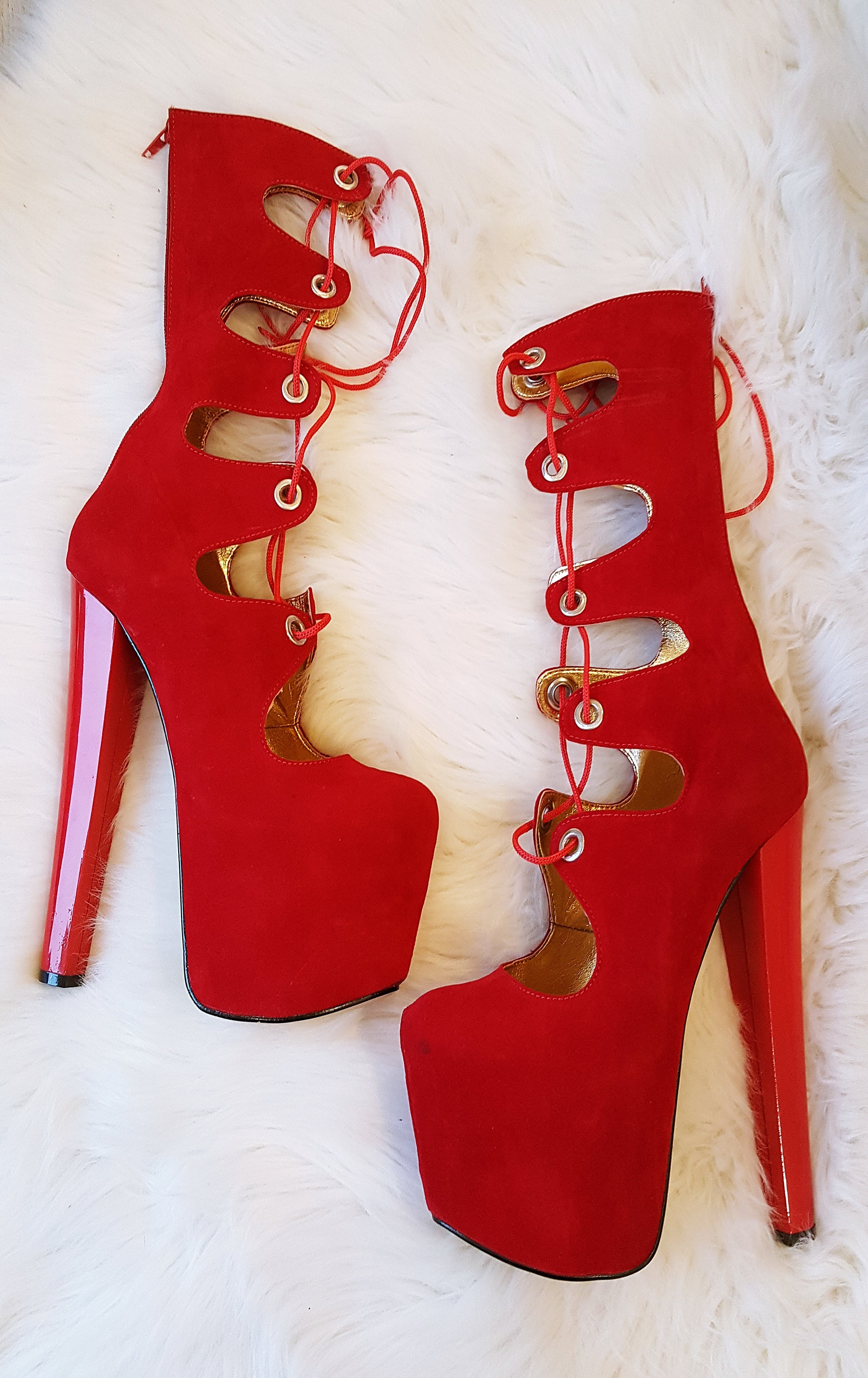 Red Gladiator Lace Up Chunky Heel Boots - Tajna Club