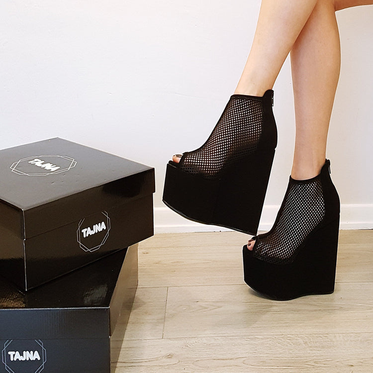 Black Peep Toe Mesh Ankle Wedge Booties - Tajna Club