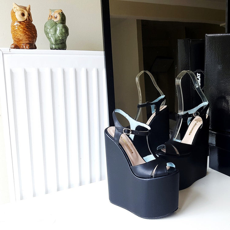 Ankle Strap Black Peep Toe High Heel Wedge Platform Sandals - Tajna Club