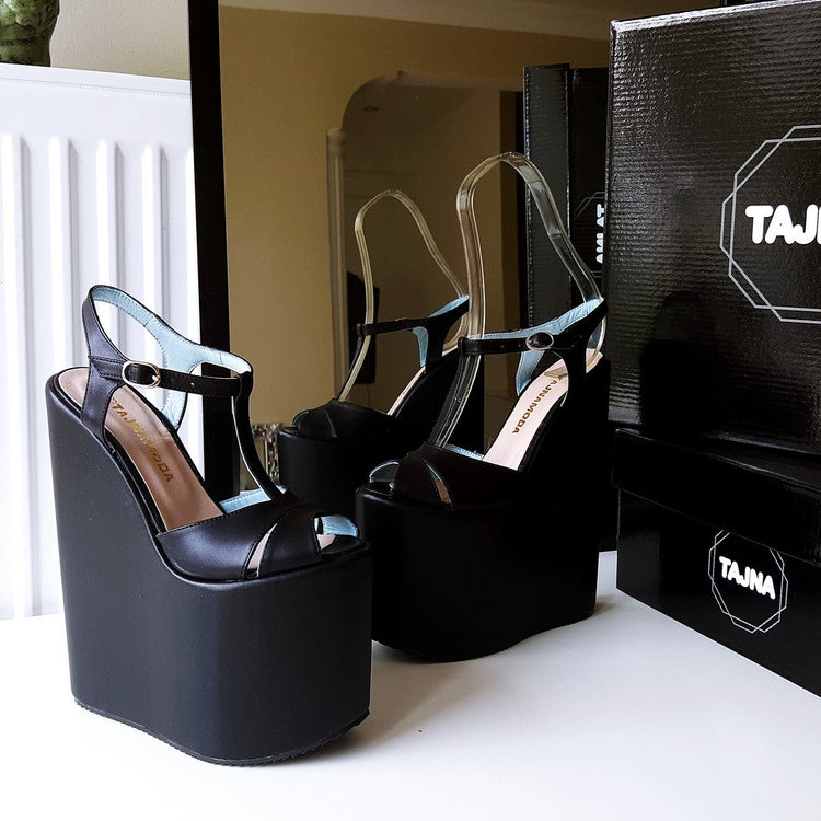 Ankle Strap Black Peep Toe High Heel Wedge Platform Sandals - Tajna Club