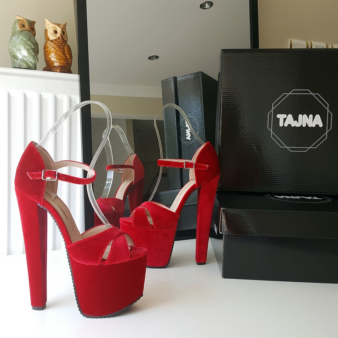 Red Cross Strap Ankle Strap High Heel Platform Shoes - Tajna Club