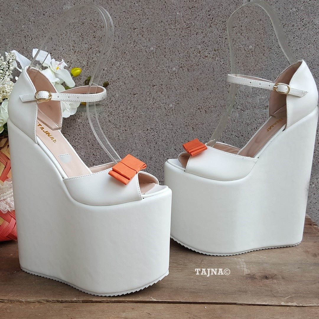 Platform White Orange Ribbon Wedding Wedge Shoes - Tajna Club