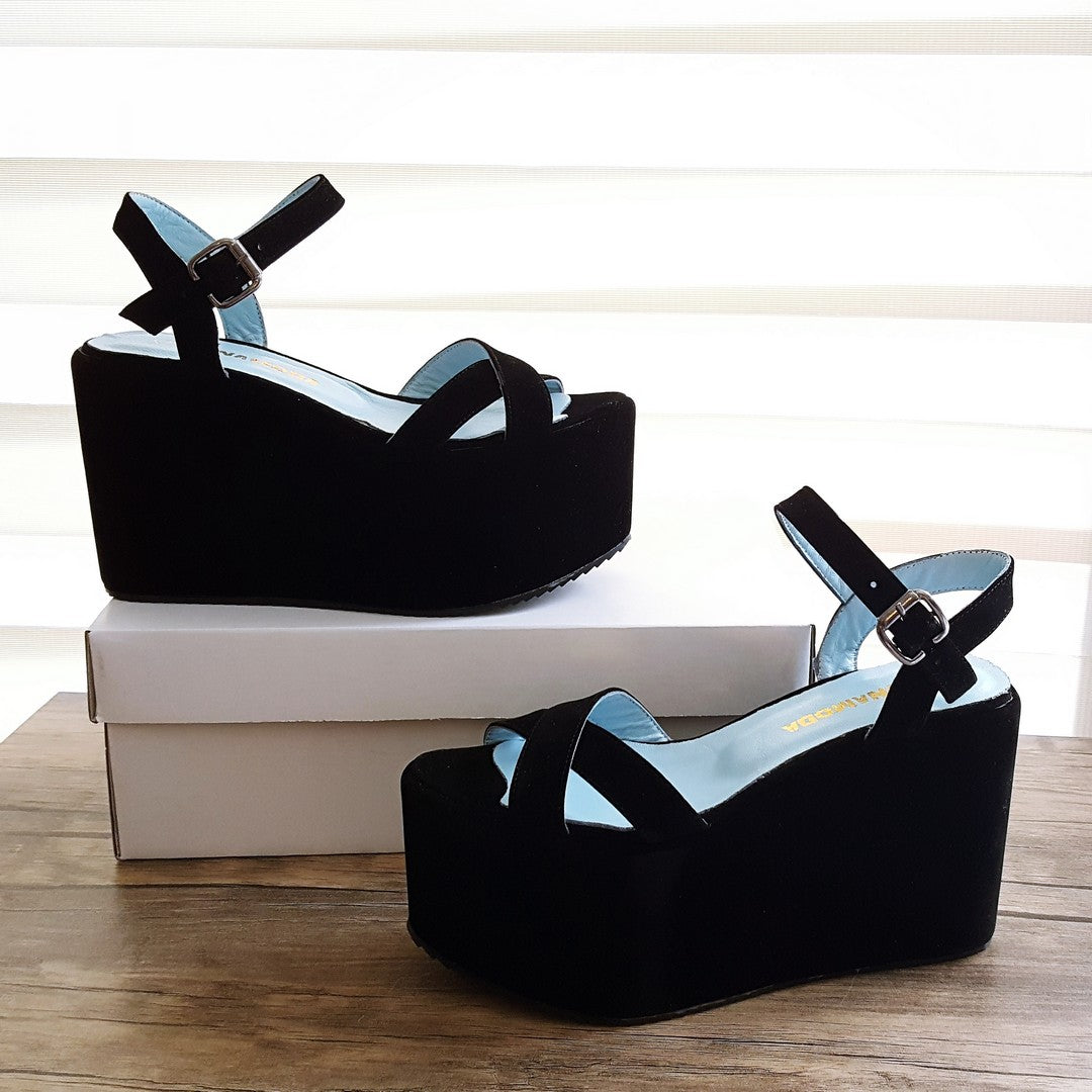 Black Faux Suede Cross Strap Wedge Platform Sandals - Tajna Club