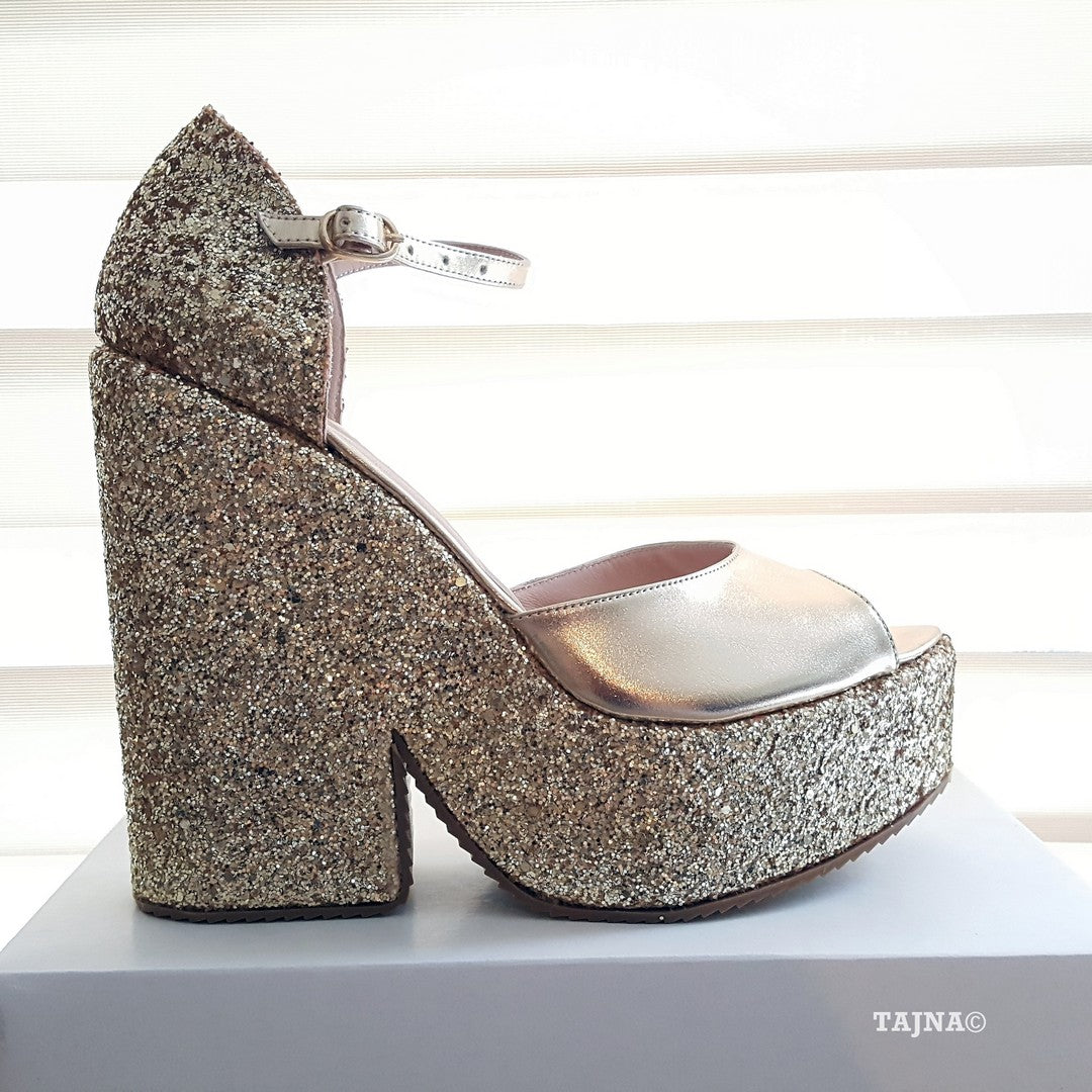 Ankle Strap Silver Shimmer Platform Wedge Sandals - Tajna Club