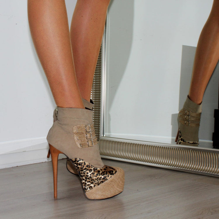 Beige Leopard High Heel Platform Ankle Boots - Tajna Club