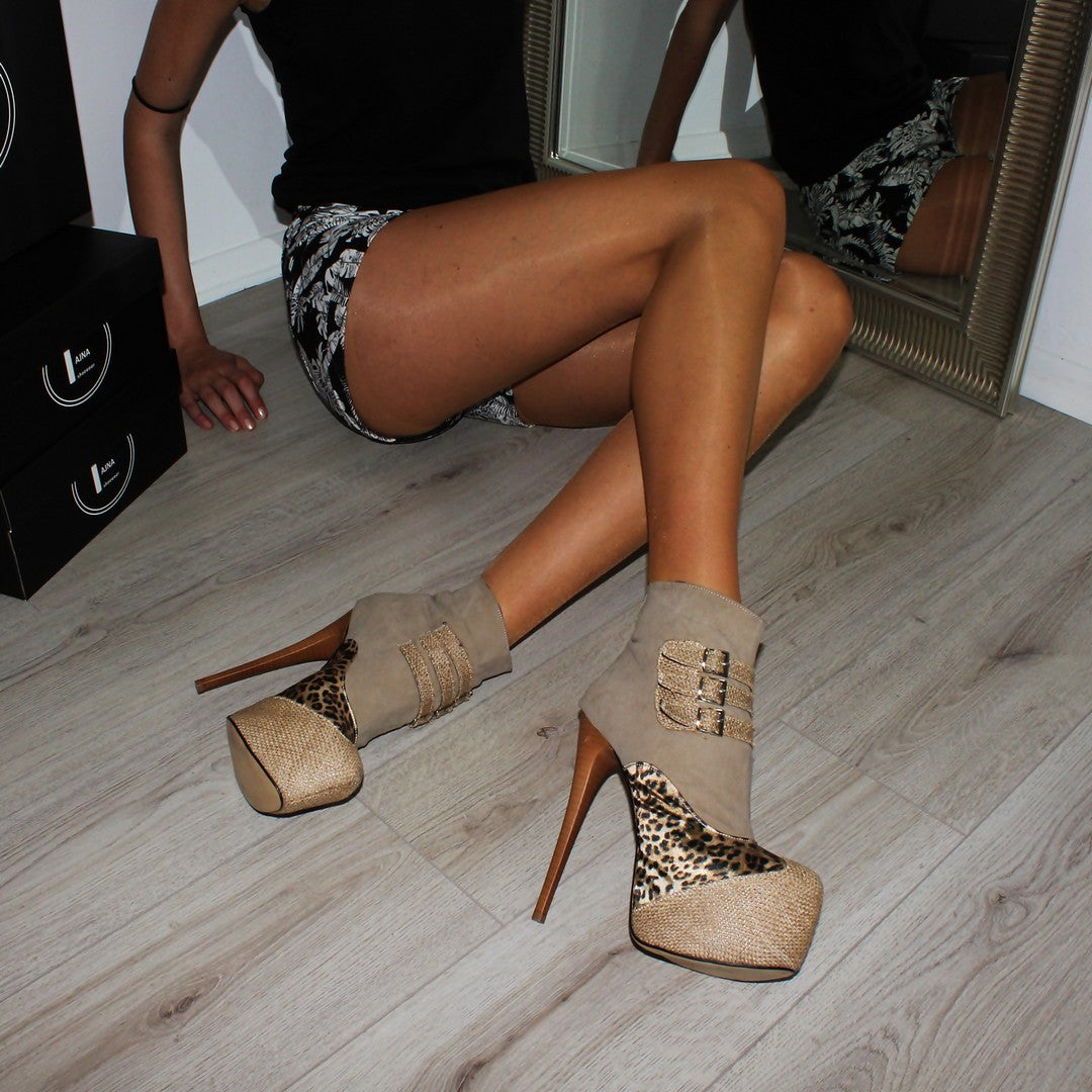 Beige Leopard High Heel Platform Ankle Boots - Tajna Club